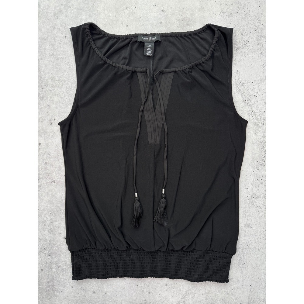 White House Black Market Sleeveless Top Tassel‎ Tie Smocked Hem Black XS